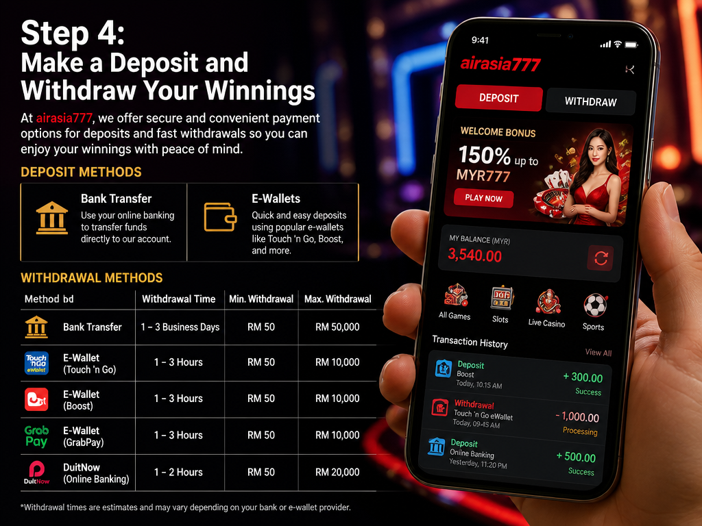 Photo-realistic image illustrating the topic of the article section "Step 4: Make a Deposit and Withdraw Your Winnings" (about the online casino brand "airasia777"): Explain deposit methods (bank transfer, e-wallets) and withdrawal process. Provide per-method withdrawal times and limits (e.g., 1-3 hours for e-wallets). Cover the gap of per-method withdrawal times and limits.