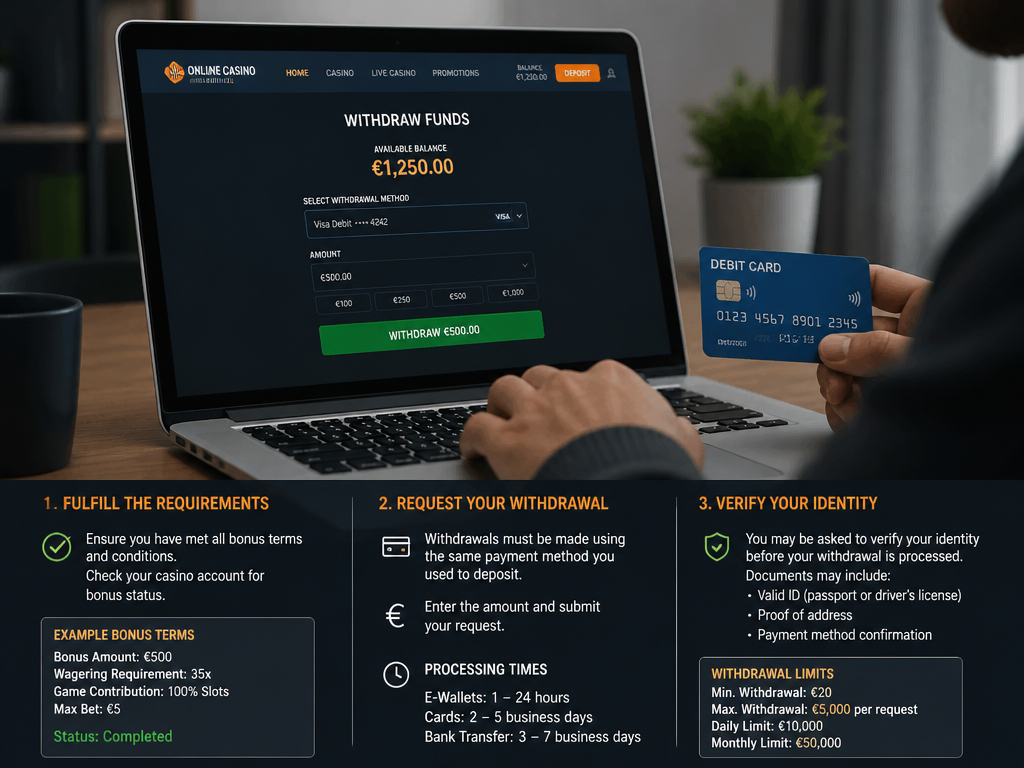 Photo-realistic image illustrating the topic of the article section "Step 5: Withdraw Your Winnings After Completing the Bonus Terms" (about the online casino brand "online casino bonus"): Outline the withdrawal process: fulfill requirements, request withdrawal via the same payment method, and verify identity. Mention processing times and any withdrawal limits. Covers the gap of cashing out winnings from the bonus.