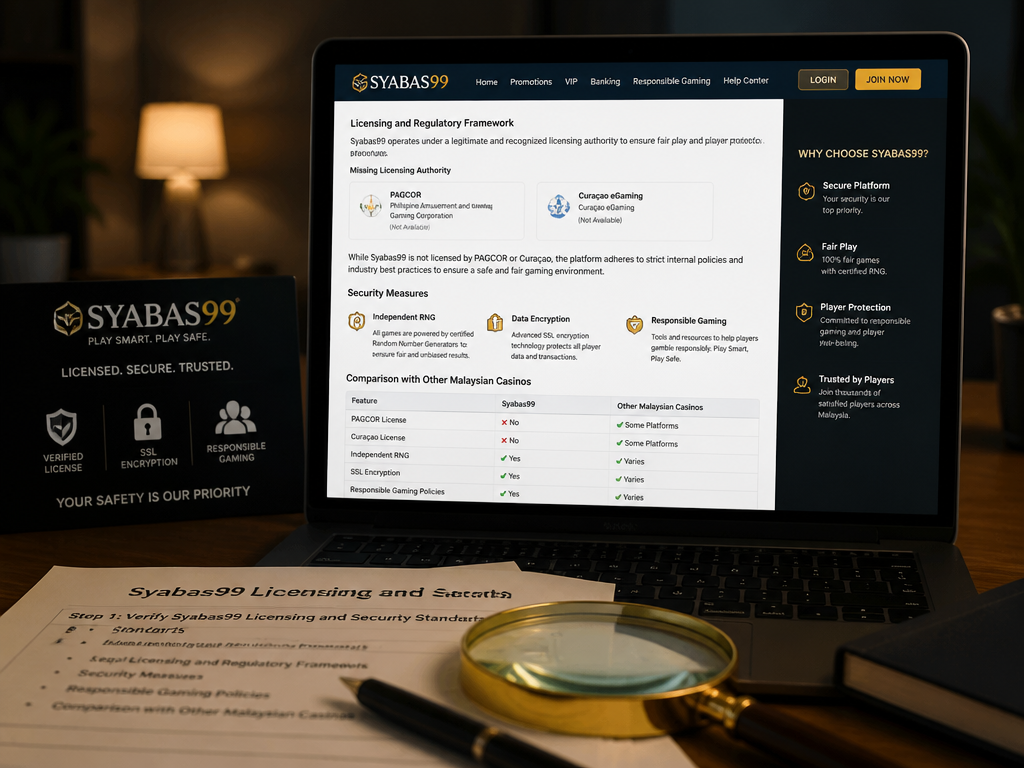 Photo-realistic image illustrating the topic of the article section "Step 1: Verify Syabas99 Licensing and Security Standards" (about the online casino brand "syabas99"): Explain the licensing and regulatory framework. Cover missing licensing authority (PAGCOR, Curacao) and security measures. Also mention independent RNG, data encryption, and responsible gaming policies. Compare with other Malaysian casinos to highlight Syabas99's unique selling points.