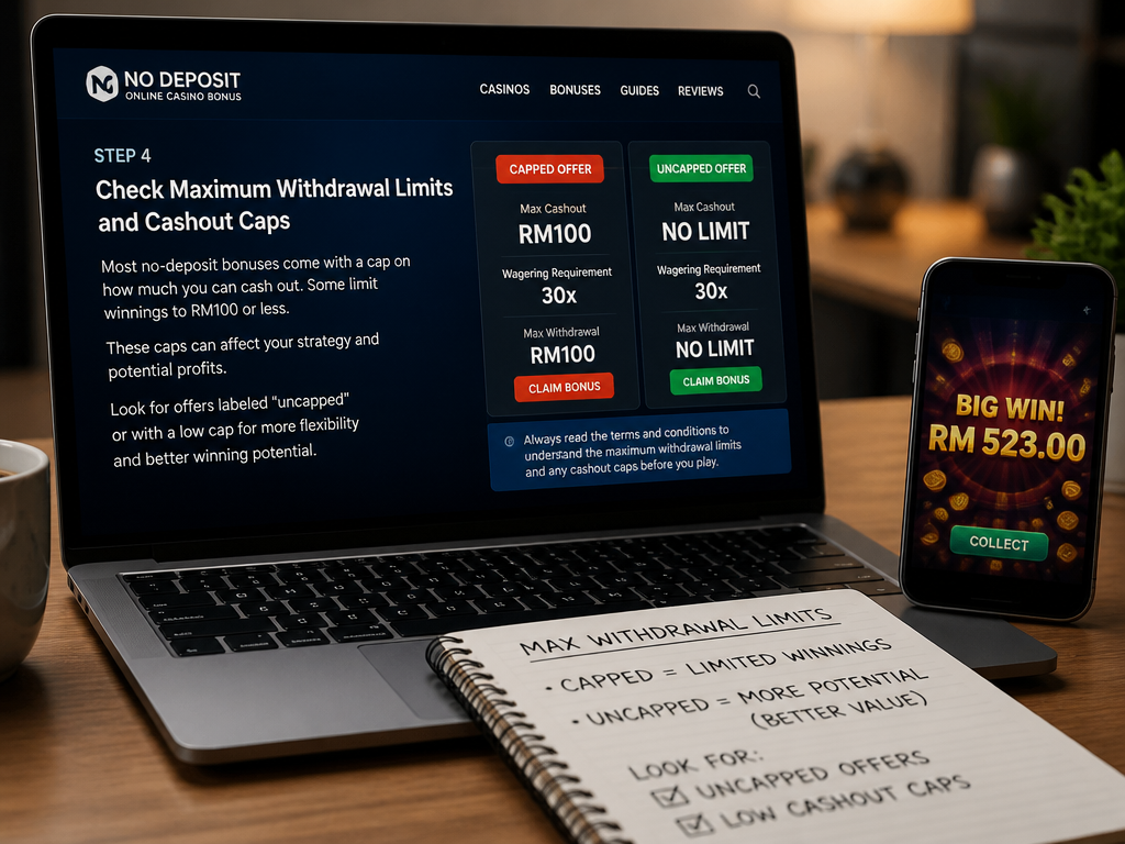 Photo-realistic image illustrating the topic of the article section "Step 4: Check Maximum Withdrawal Limits and Cashout Caps" (about the online casino brand "no deposit online casino bonus"): Most no-deposit bonuses cap winnings (e.g., RM100 max cashout). Explain how caps affect strategy. Advise to look for 'uncapped' or 'low cap' offers. Cover gap: maximum withdrawal limits, cashout caps.