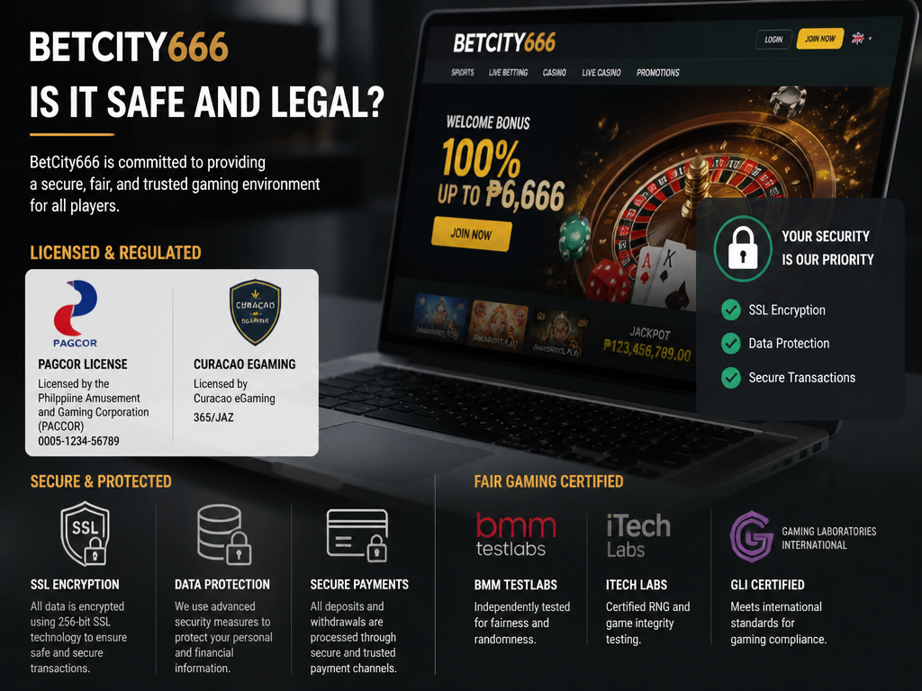 Photo-realistic image illustrating the topic of the article section "Licensing and Security – Is Betcity666 Safe and Legal?" (about the online casino brand "betcity666"): State licensing information (e.g., PAGCOR, Curacao eGaming). Mention SSL encryption, data protection, and fair gaming certifications. Gap covered: No licensing or regulatory body.