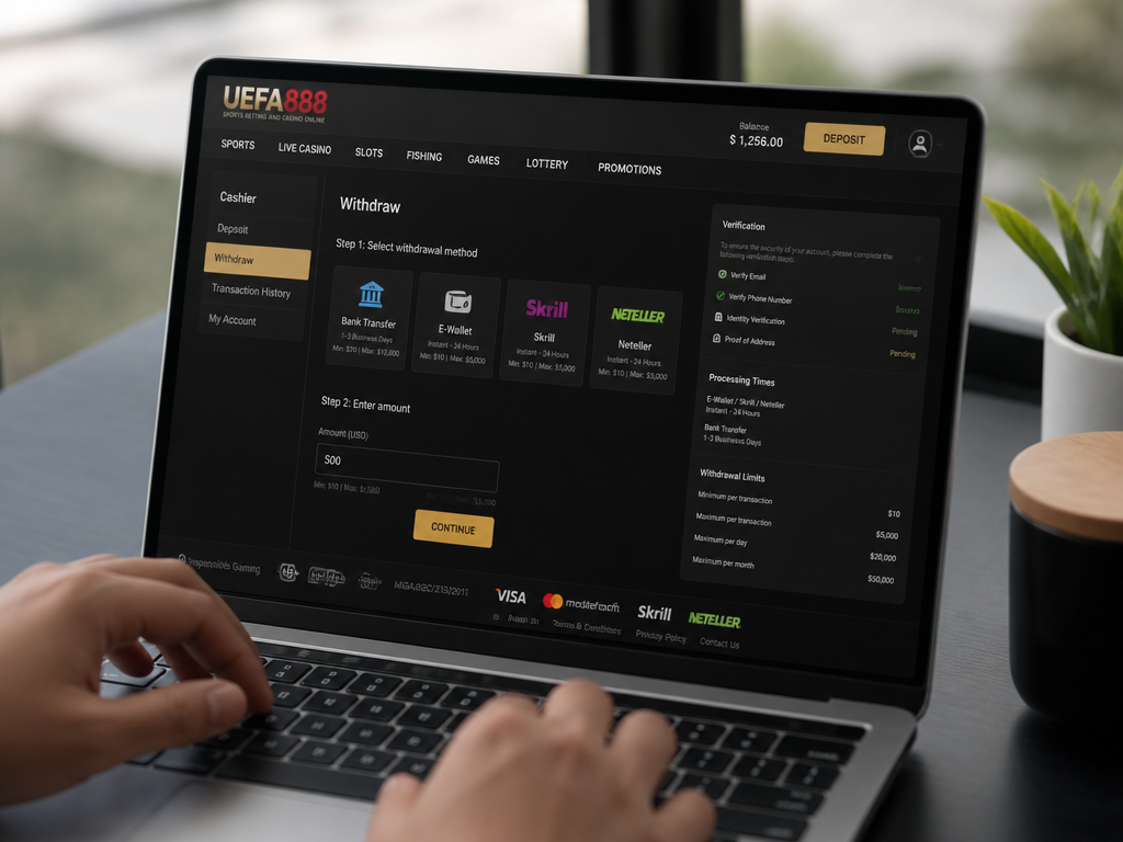 Photo-realistic image illustrating the topic of the article section "Step 5: How to Withdraw Your Winnings from uefa888" (about the online casino brand "uefa888"): Explain withdrawal process: go to cashier, select withdrawal method, enter amount; mention verification steps, processing times, and any limits.