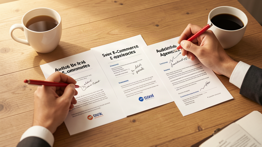 Mains comparant trois propositions d'agences e-commerce avec des annotations au stylo rouge