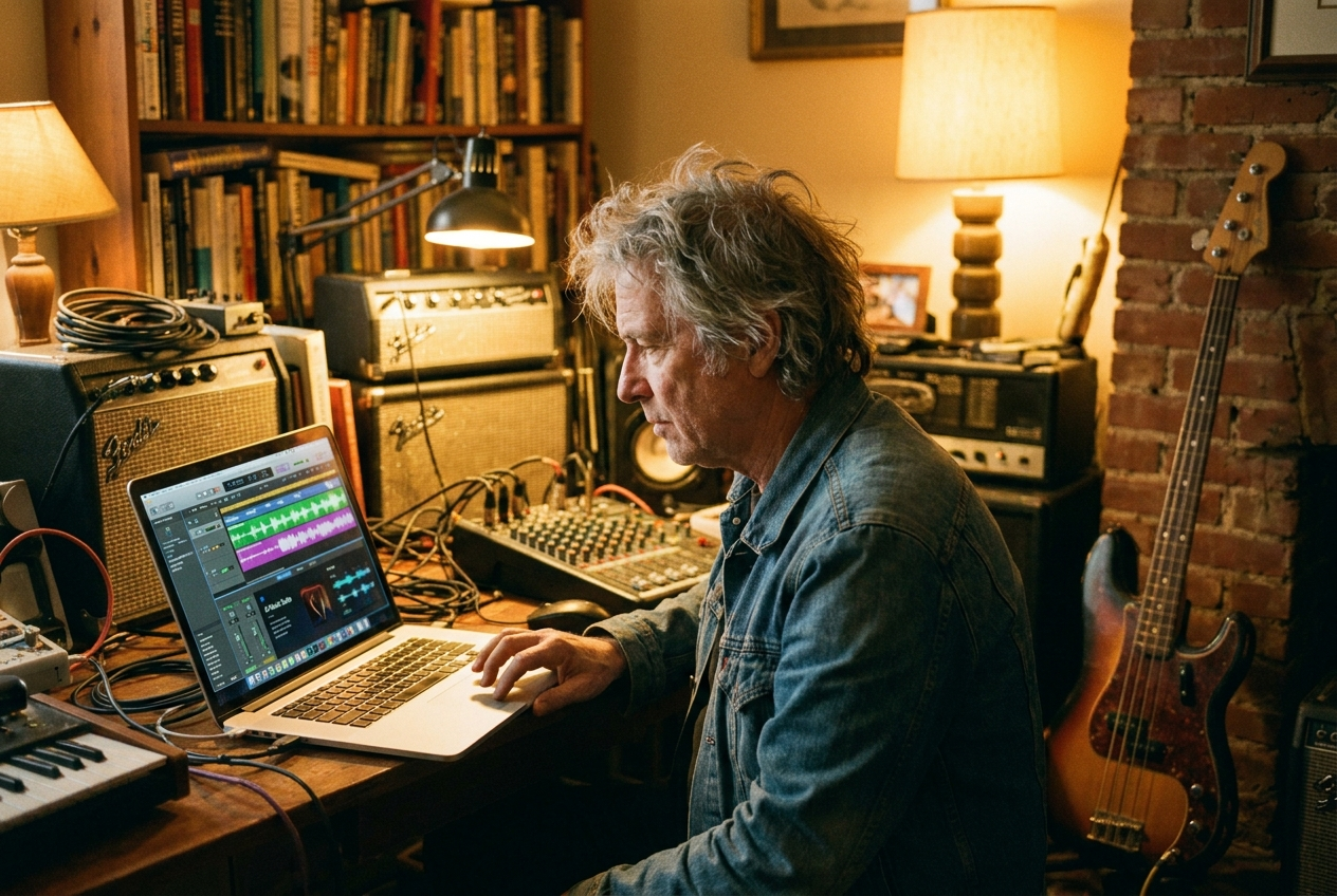 alt text for a veteran rock musician working alone in a home studio with a laptop showing AI music software, bass guitar leaning against the wall, warm lamp lighting, vintage gear mixed with modern tech