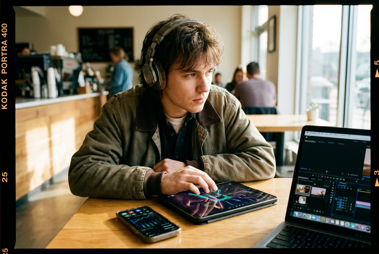 alt text for a musician reviewing AI-generated music video scenes on a tablet at a coffee shop, phone showing social media engagement