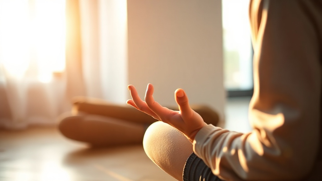Mains en mudra lors d'une séance de méditation bouddhiste, pratique centrale du Noble Chemin Octuple