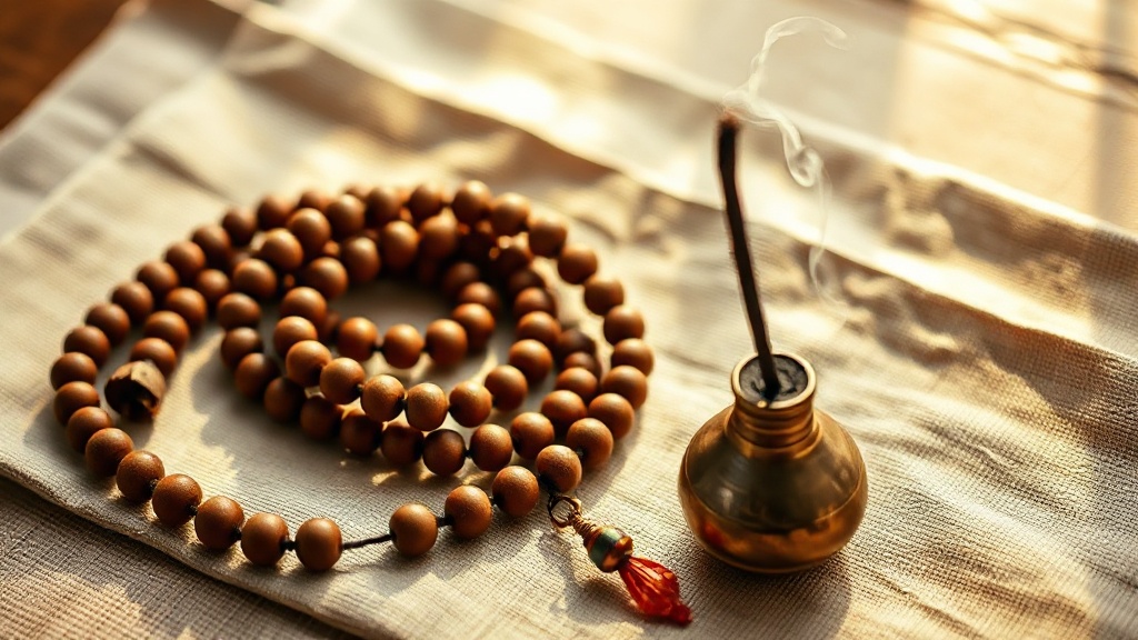 Mala tibétain de 108 perles en bois posé à côté d'un brûle-encens en laiton, objets de pratique bouddhiste quotidienne