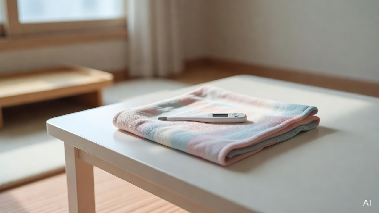 digital thermometer placed on a soft baby blanket on a white table