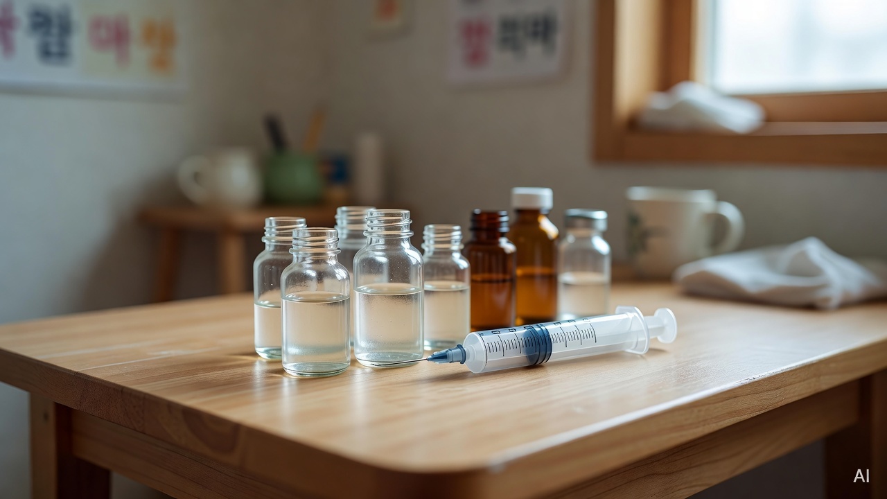 small medicine bottles and a measuring syringe arranged on a light wooden surface