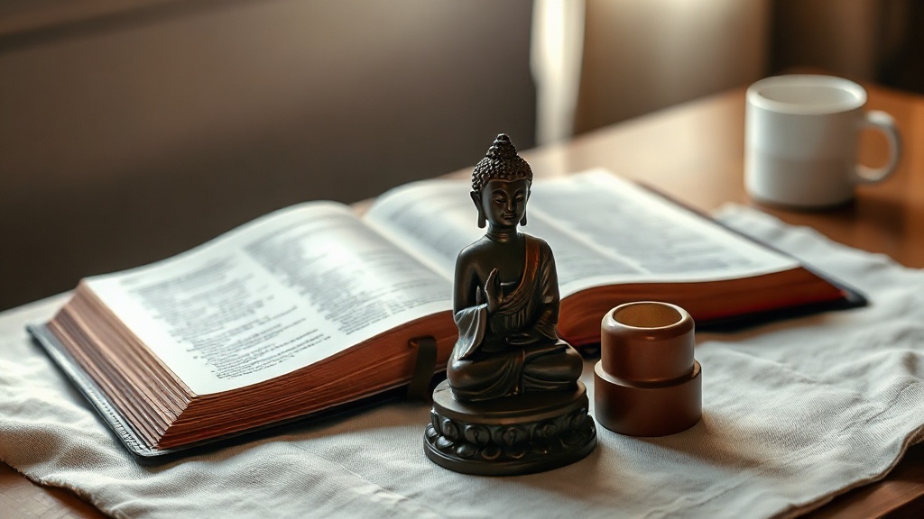 Bible posée à côté d'une statuette de Bouddha en bois, symbolisant le dialogue entre les deux traditions