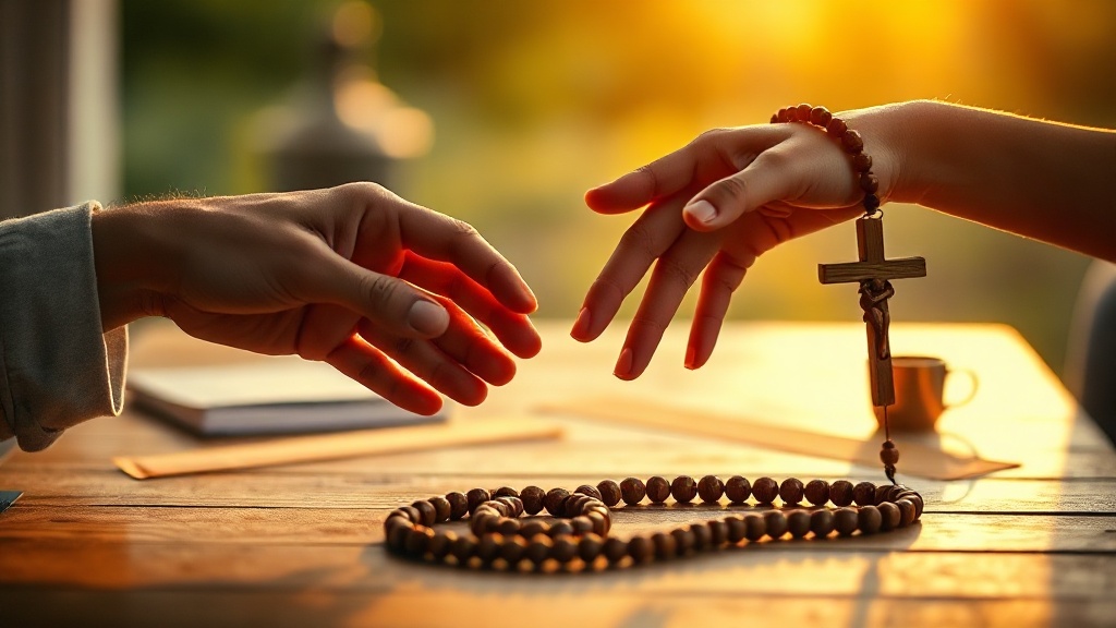 Mains tenant une croix chrétienne et un mala bouddhiste, symbole du dialogue interreligieux