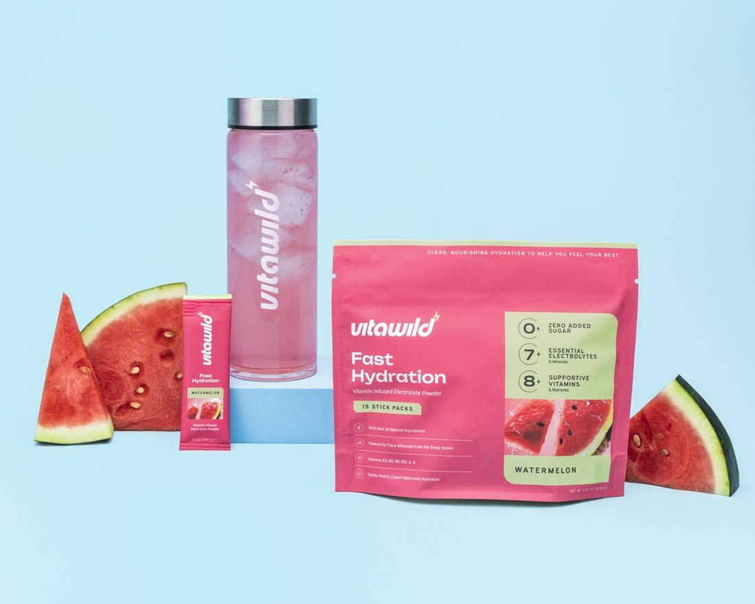 VitaWild watermelon pouch, stick pack and mixed water bottle with fresh watermelon
