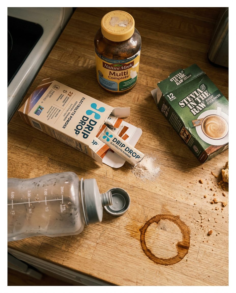 The electrolyte packets, multivitamin and water bottle that did not work