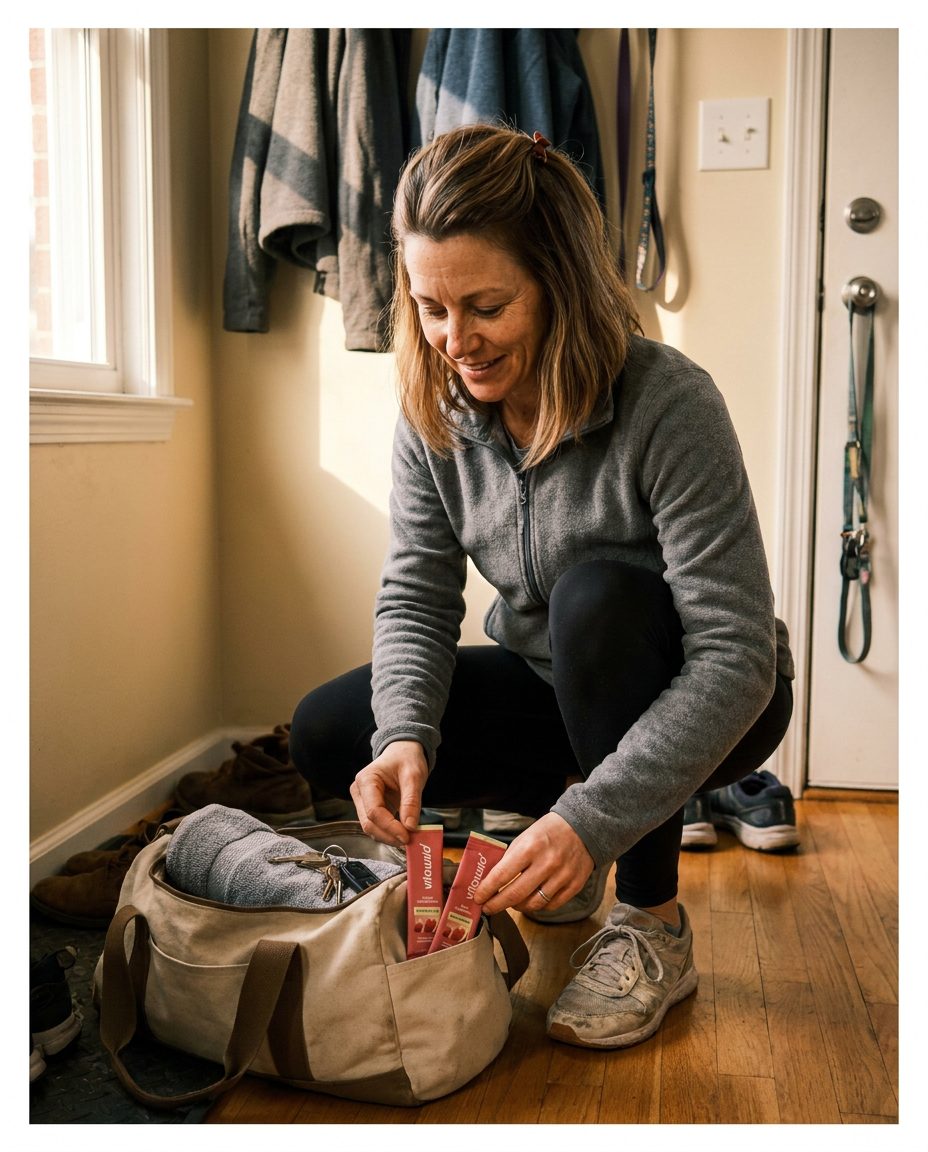 Robin packing VitaWild stick packs into her gym bag by the front door