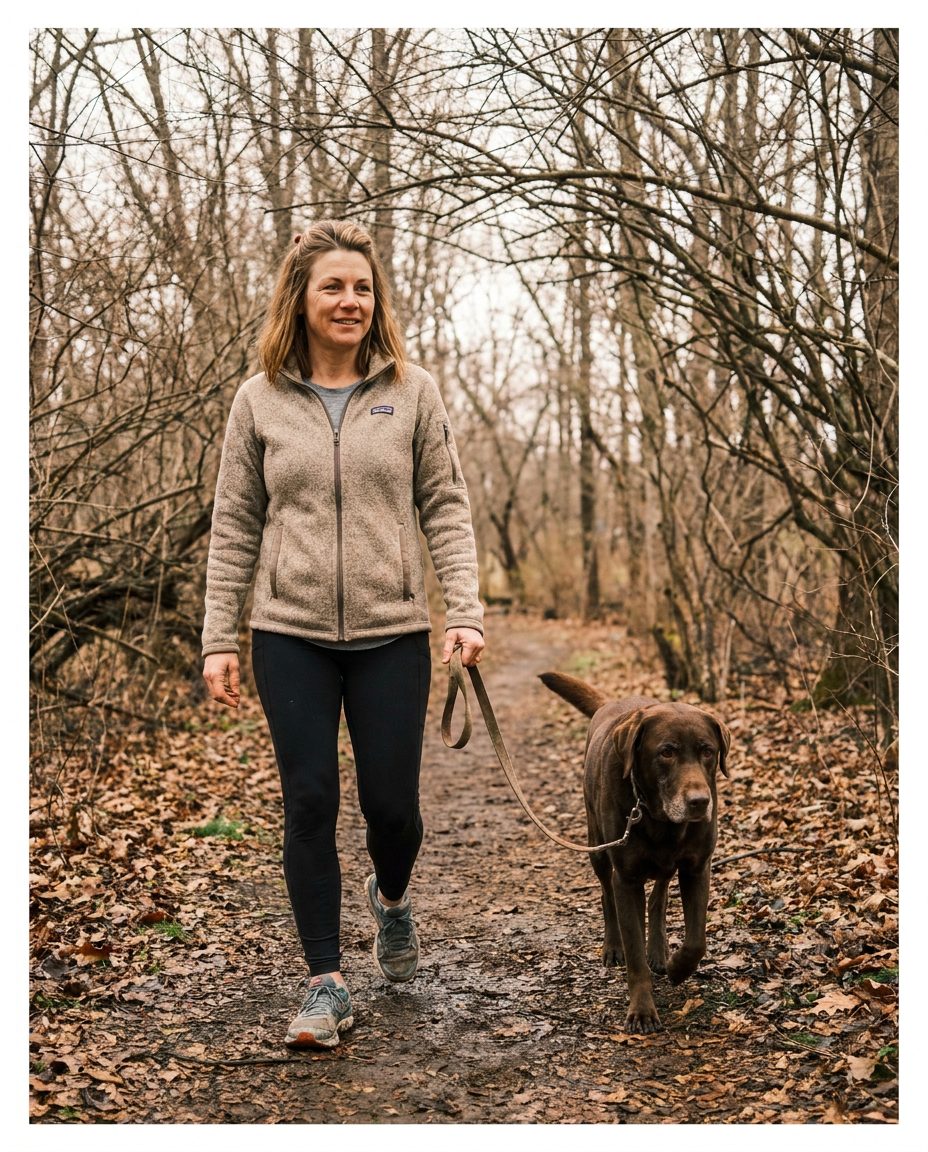 Robin walking a wooded trail with her dog