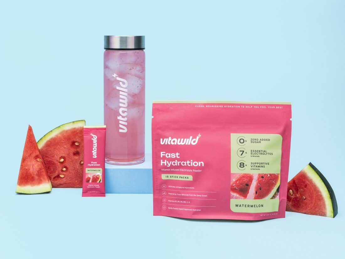 VitaWild watermelon pouch, stick pack and mixed water bottle
