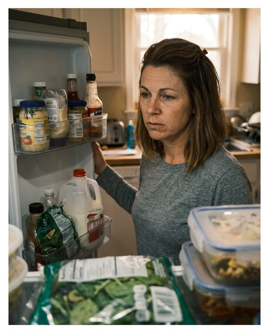 Robin standing at the open refrigerator in the afternoon