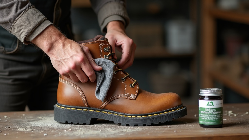 Aplicando tratamiento DWR a bota de cuero de seguridad para mantener el impermeabilizado activo