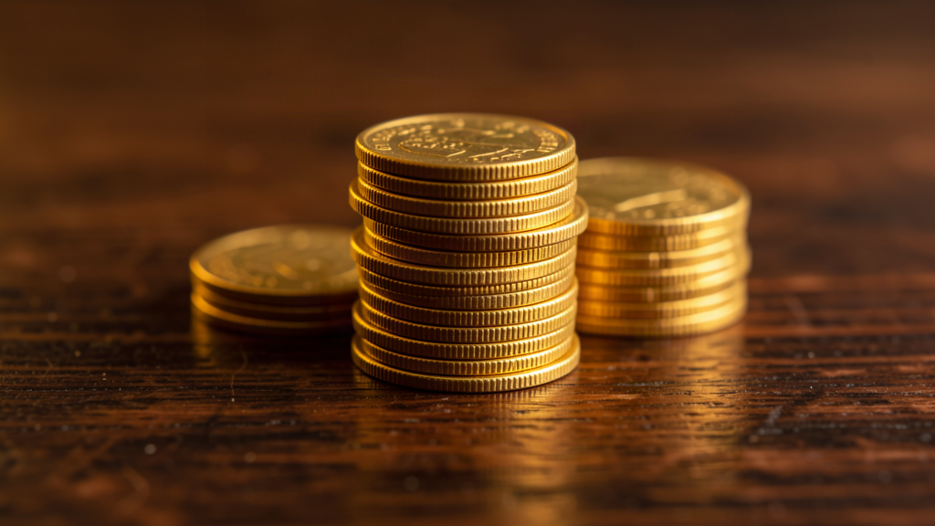 gold coins stacked on wooden table