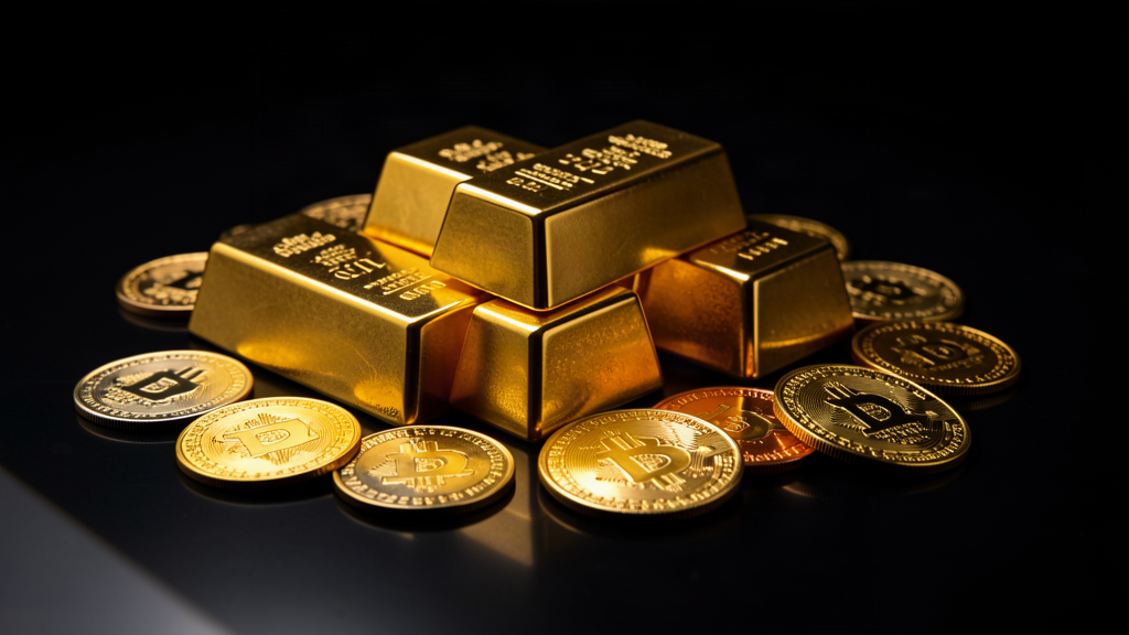 gold bars and coins on reflective surface