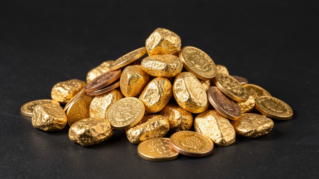 gold nuggets and coins close up