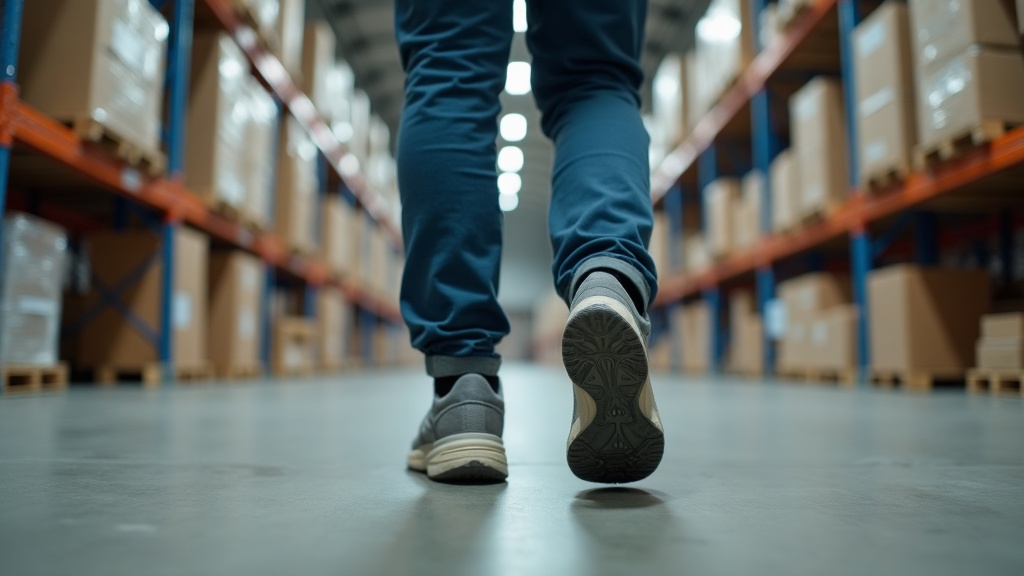 Trabajador en almacén con zapatos de seguridad ligeros