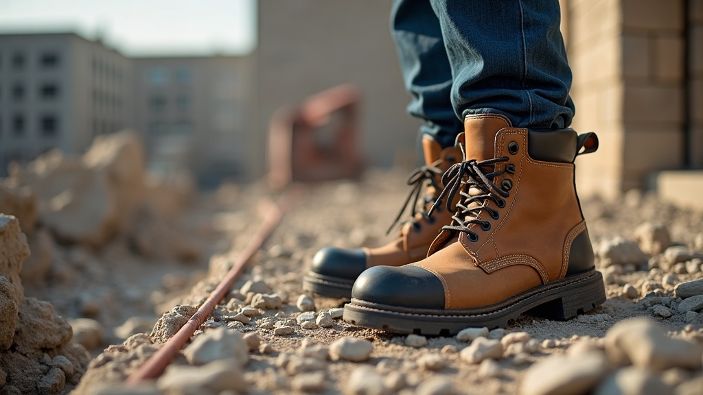 Trabajador de construcción con botas de seguridad pesadas en terreno irregular