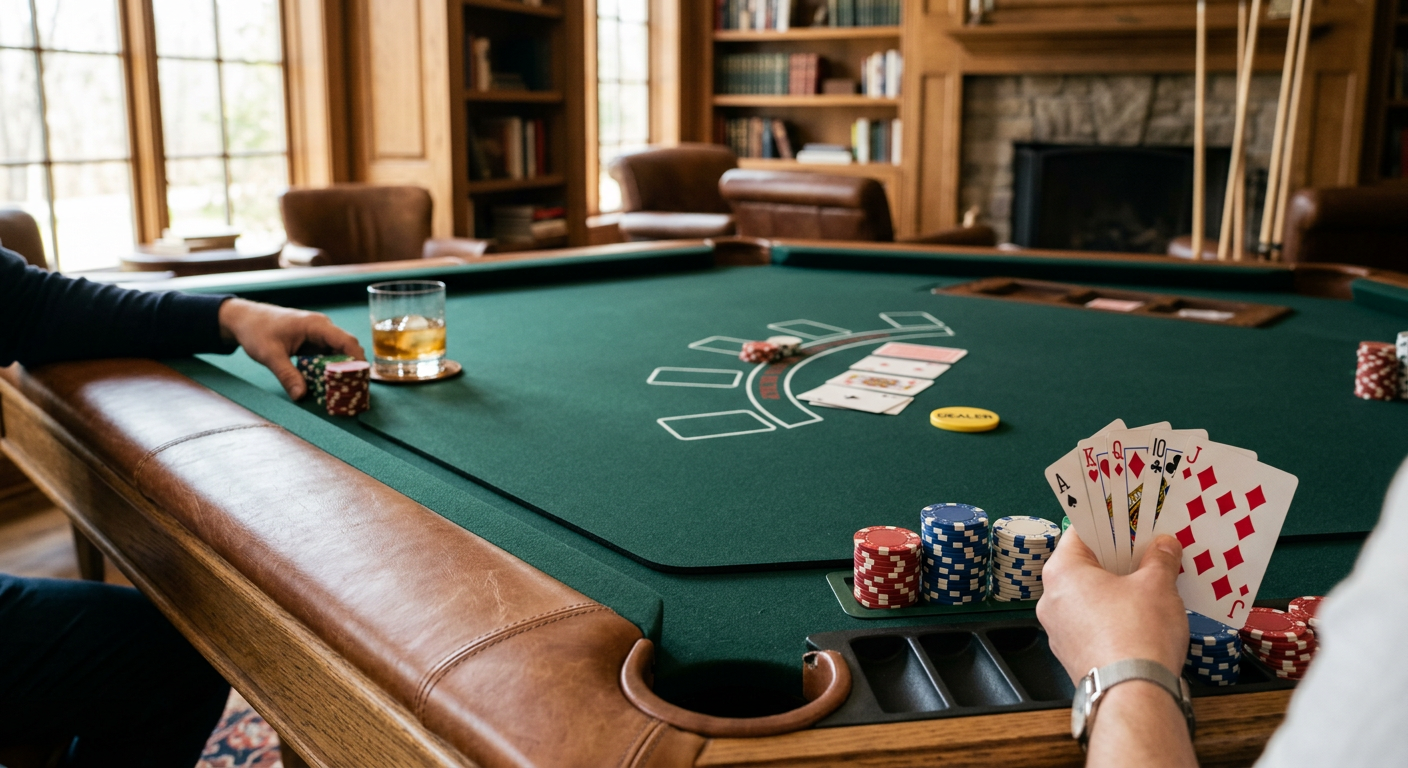 Photorealistic close-up luxury interior photograph of a rectangular six-pocket pool table with a smooth dark-green removab...