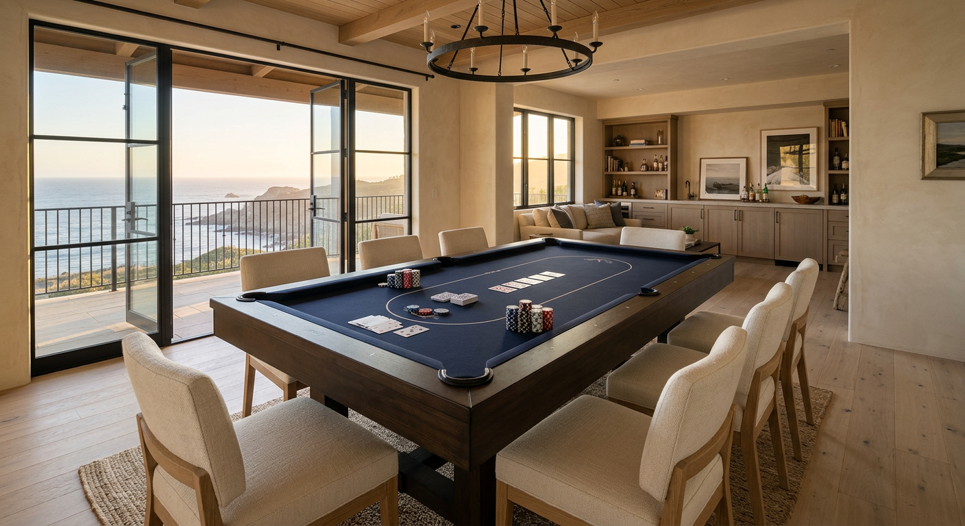 Luxury Pool Table Poker Table Combo Newport Beach Buying Guide | Luxury Custom Pool Tables | Brilliant Billiards Photorealistic architectural interior photo of a refined coastal California game room with one rectangular six-pocket pool...