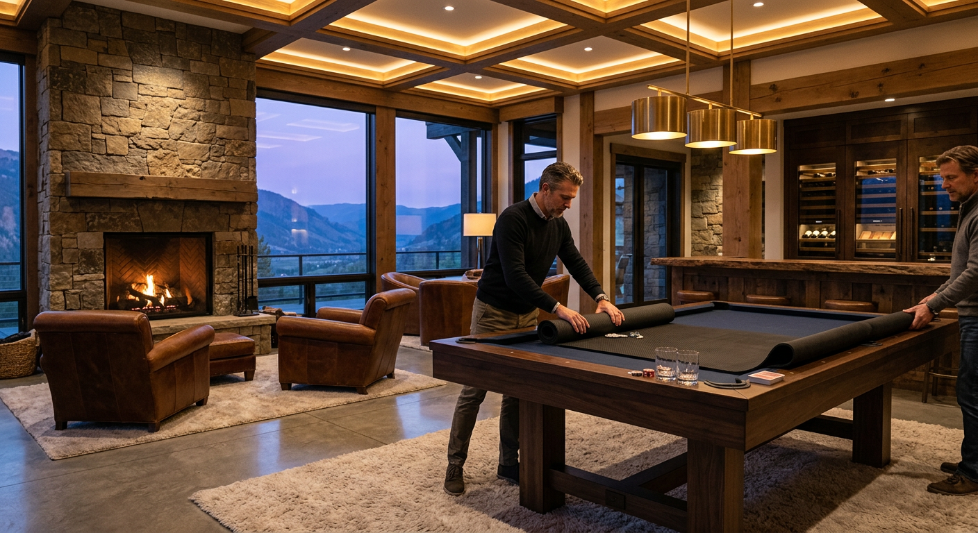 Photorealistic luxury residential game room at twilight, showing one elegant rectangular six-pocket pool table after poker...