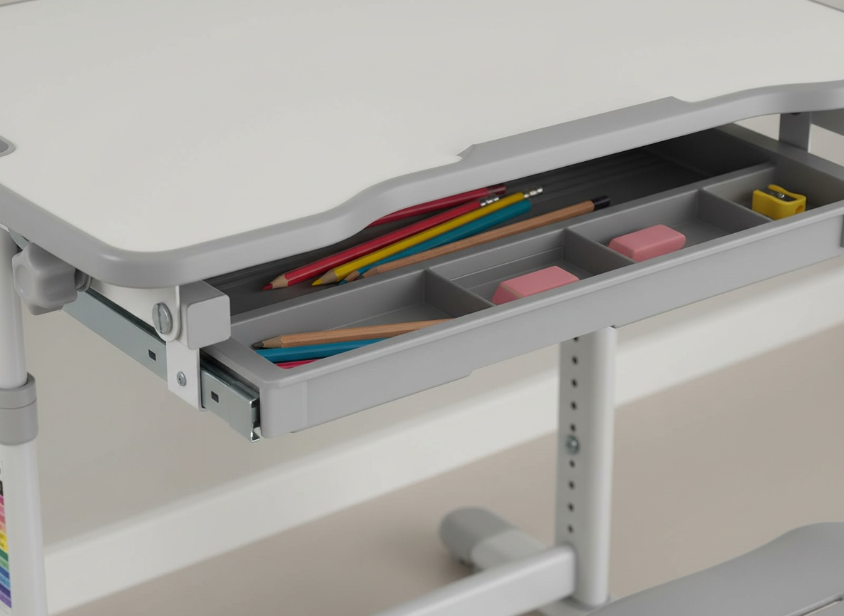 Mount-It kids desk pencil drawer open showing organized pencils and erasers in close detail
