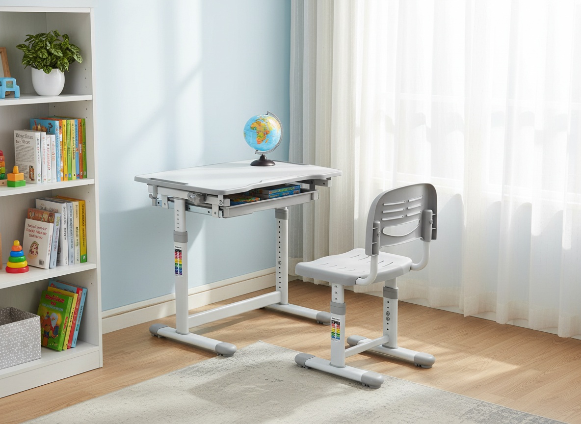 Grey Mount-It kids desk and chair set arranged in a sunlit bedroom next to shelving and window