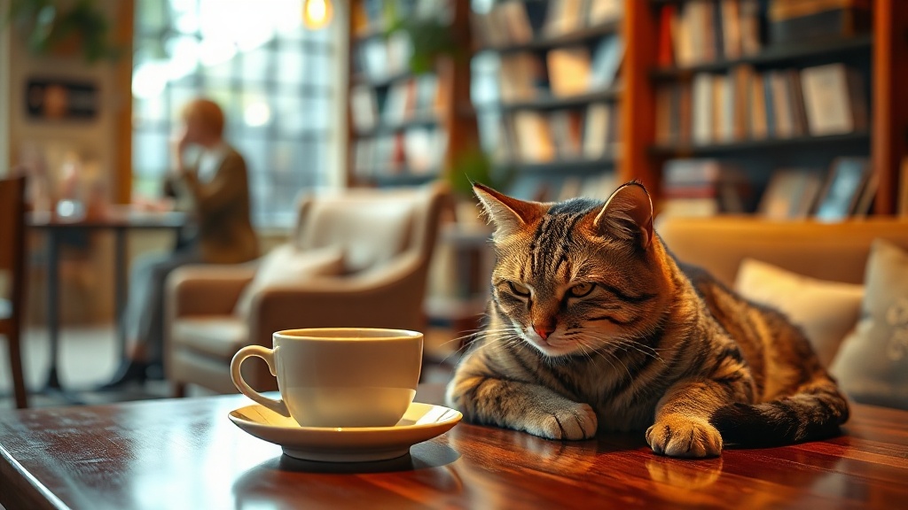 Chat roux allongé près d'une tasse de thé dans un café à chats cosy