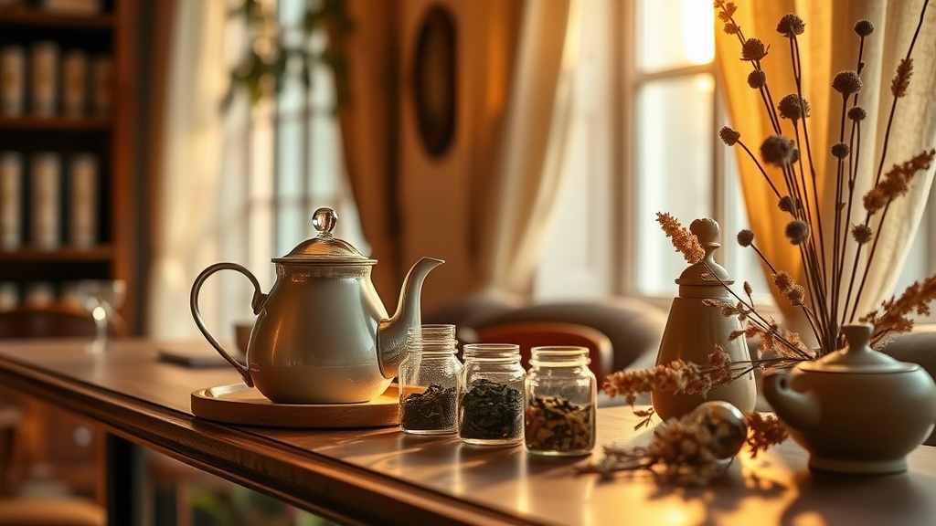 Intérieur d'un salon de thé français avec théière et thés en vrac présentés sur un comptoir en bois