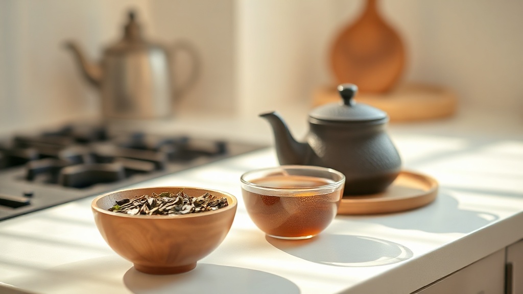 Théière en fonte japonaise et thé en vrac sur un comptoir de cuisine baigné de lumière naturelle