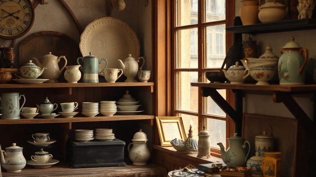 Objets chinés vintage, tasses dépareillées et théières anciennes sur des étagères en bois