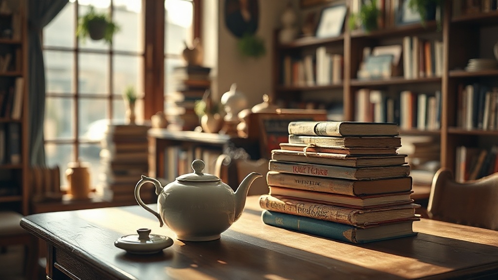 Salon de thé librairie avec théière fumante et livres empilés sur une table en bois