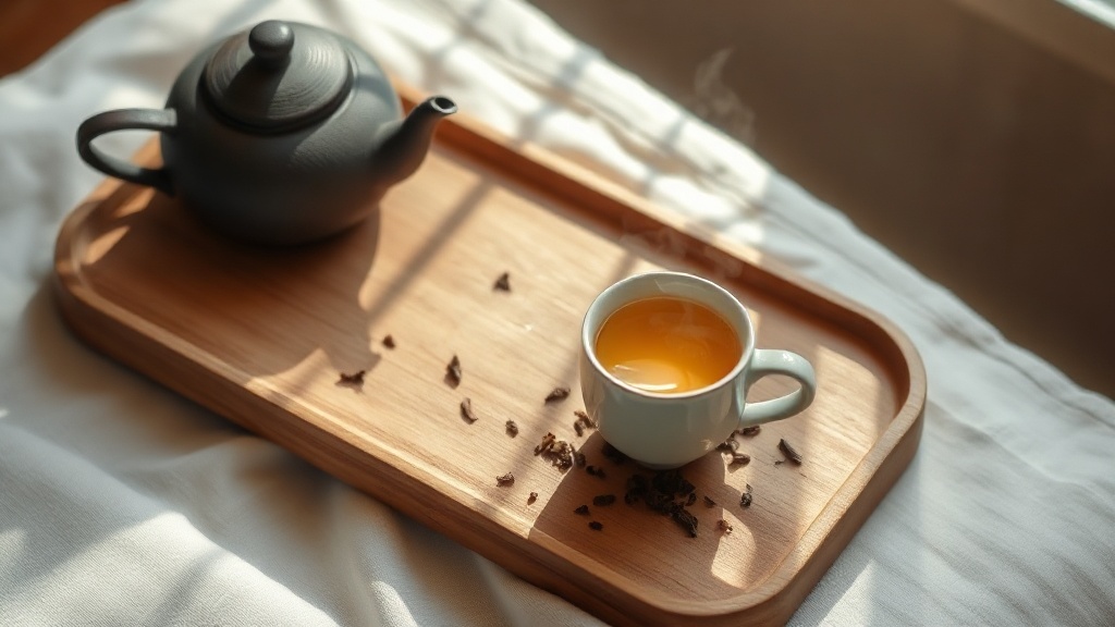 Plateau à thé japonais en bois avec théière en fonte et tasse de thé fumante
