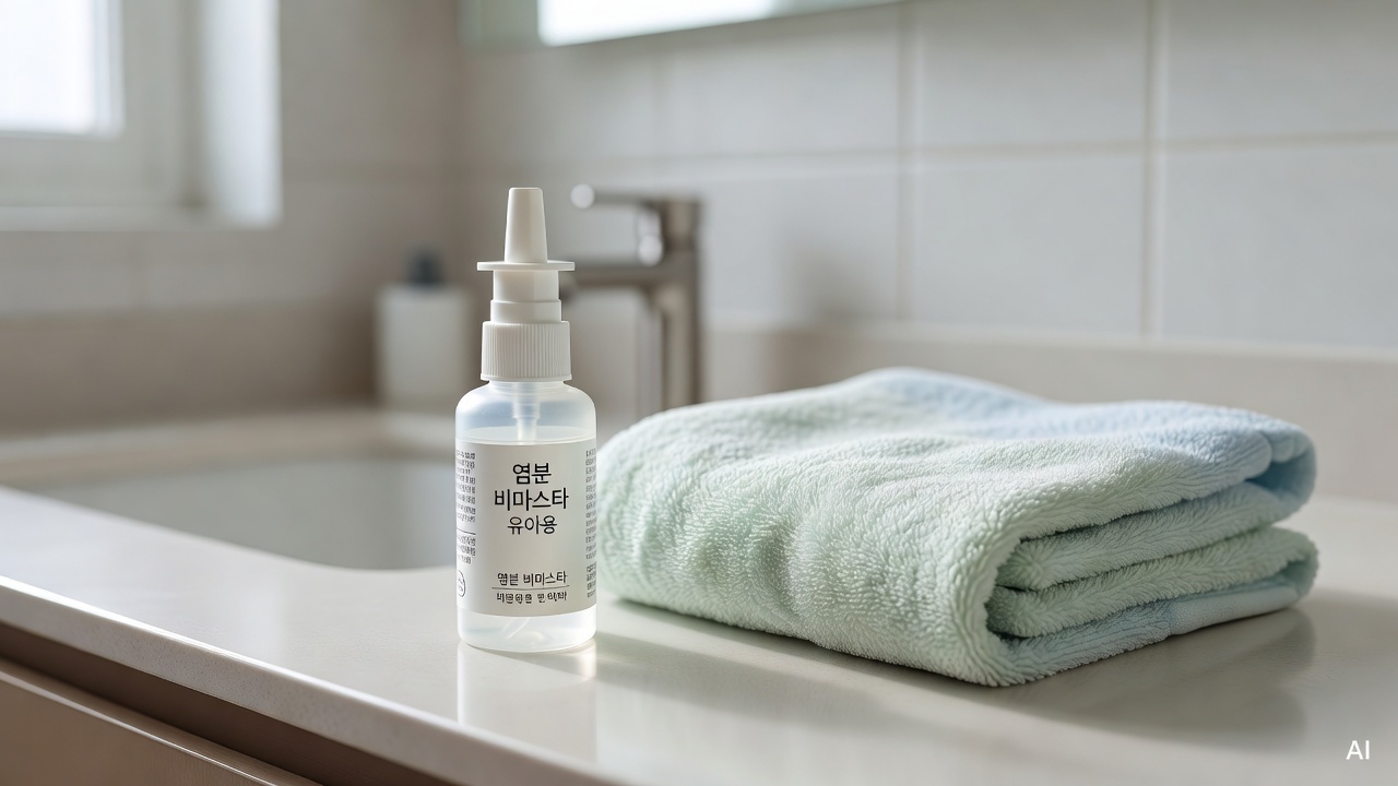 close-up of a saline nasal spray bottle next to a soft baby towel on a bathroom counter