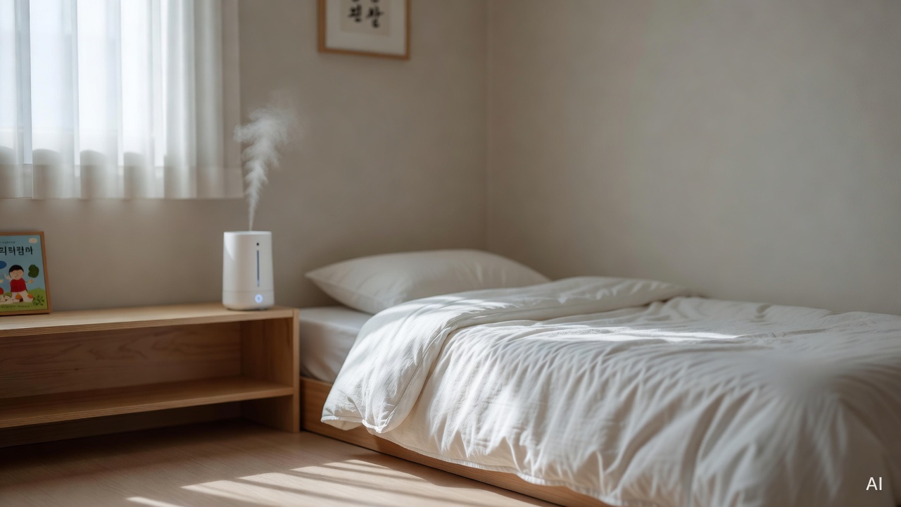 child's bedroom with clean bedding, humidifier on a wooden shelf, and natural light coming through curtains