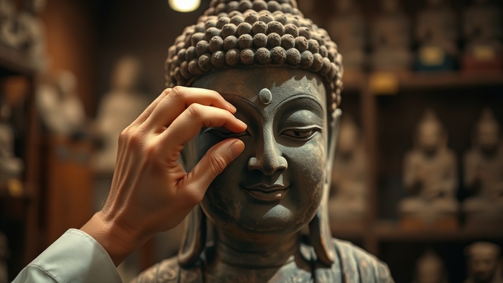 Expert examinant les traits sculptés d'un visage de Bouddha en pierre ancienne pour authentification