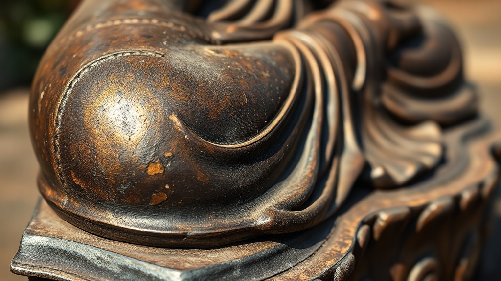 Détail de patine sur une statue de Bouddha en bronze ancien, avec traces d'oxydation caractéristiques