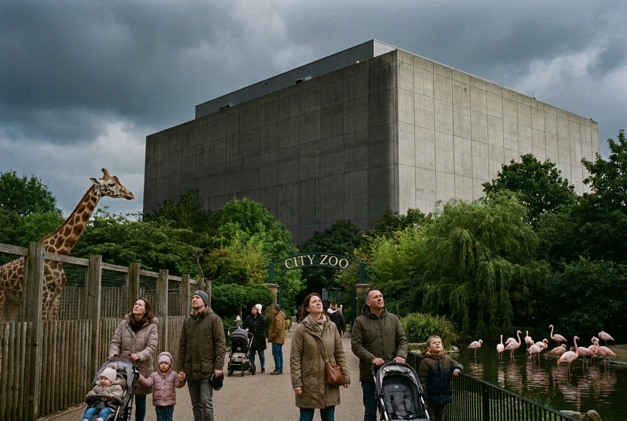 alt text: A massive data center building looms behind the Nashville Zoo entrance, with concerned families and animals visible in the foreground
