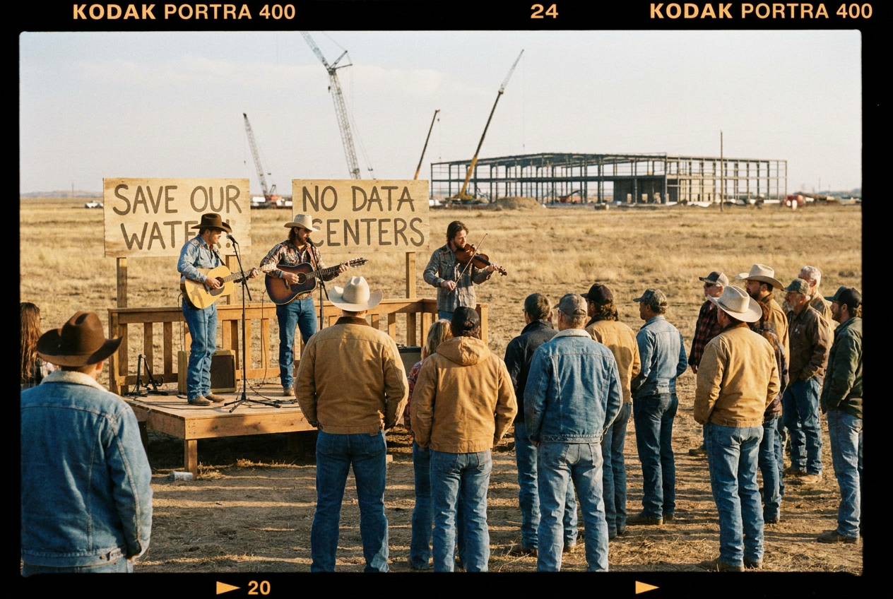 alt text: Country musicians performing at a rural protest against AI data centers