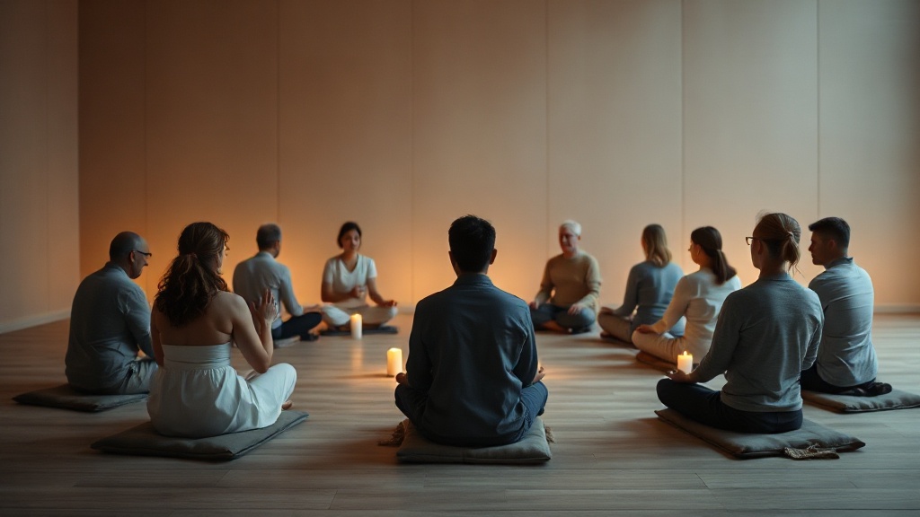 Communauté de pratiquants en cercle de méditation, symbolisant la Sangha bouddhiste