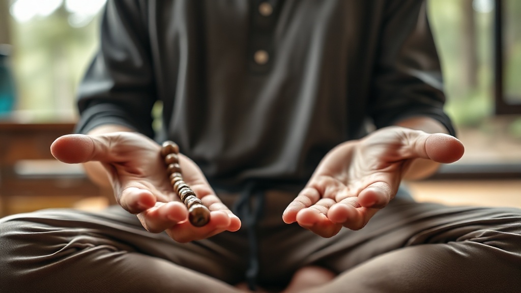 Mains en position de méditation tenant un mala en bois, pratique bouddhiste de la pleine conscience