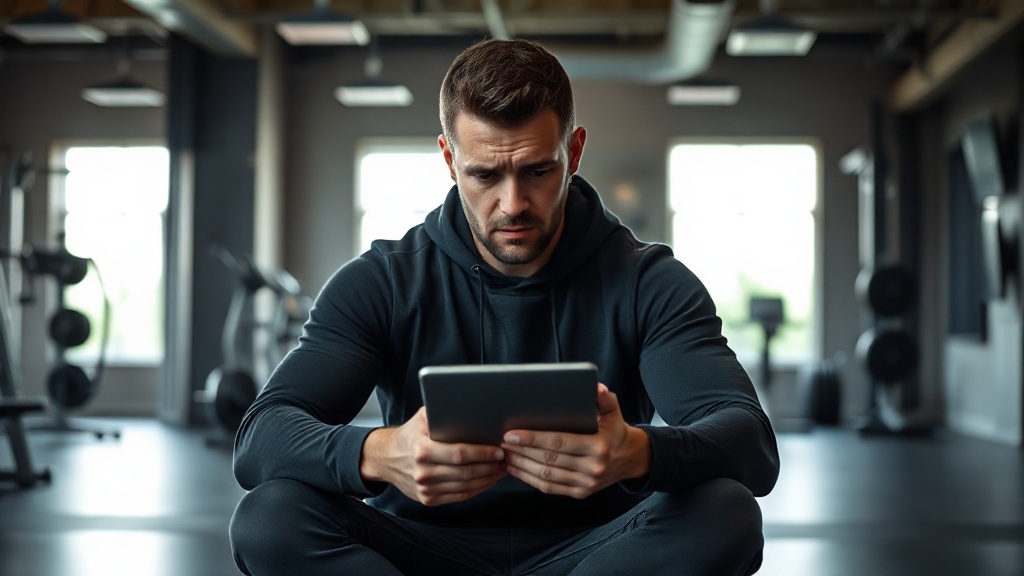 A thoughtful personal trainer sitting alone in an empty modern gym, looking at a tablet with a worri