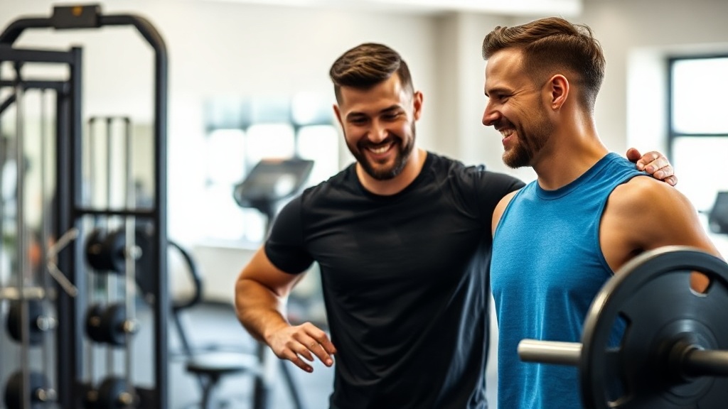 Confident fitness trainer coaching a client during a strength training session in a bright gym, both