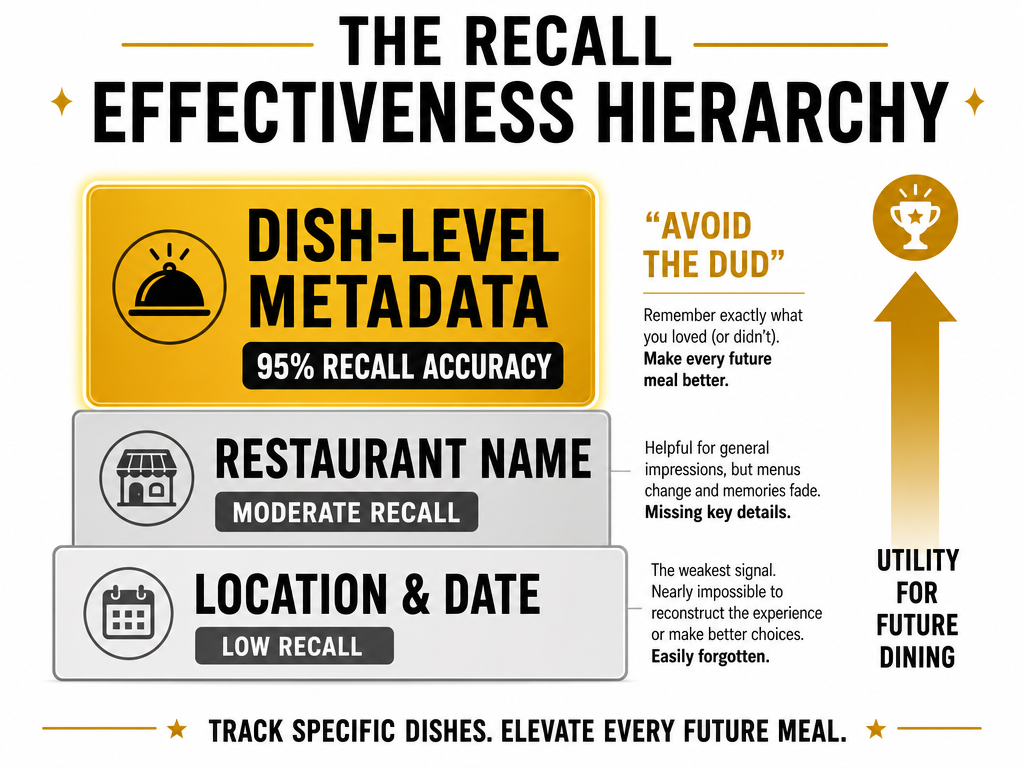 Hierarchy chart showing that tracking specific dish metadata provides 95% recall accuracy compared to just tracking restaurant names.