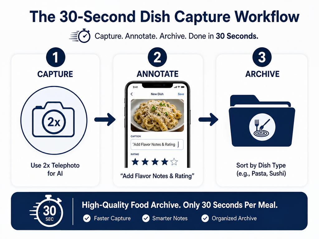Process diagram outlining a three-step workflow: Capture with 2x zoom, annotate with flavor notes, and archive by dish type.